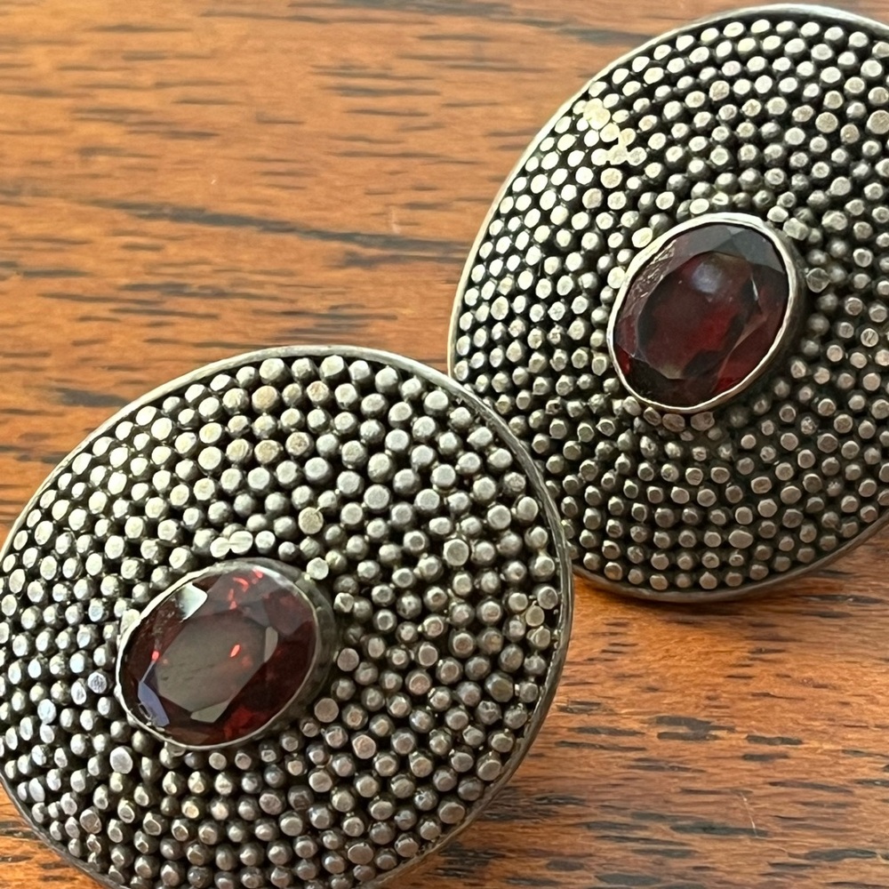 Silver Textured Post Earrings with Garnet Center Stone
